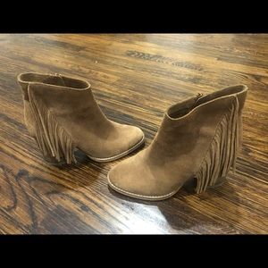 Tan suede fringe bootie